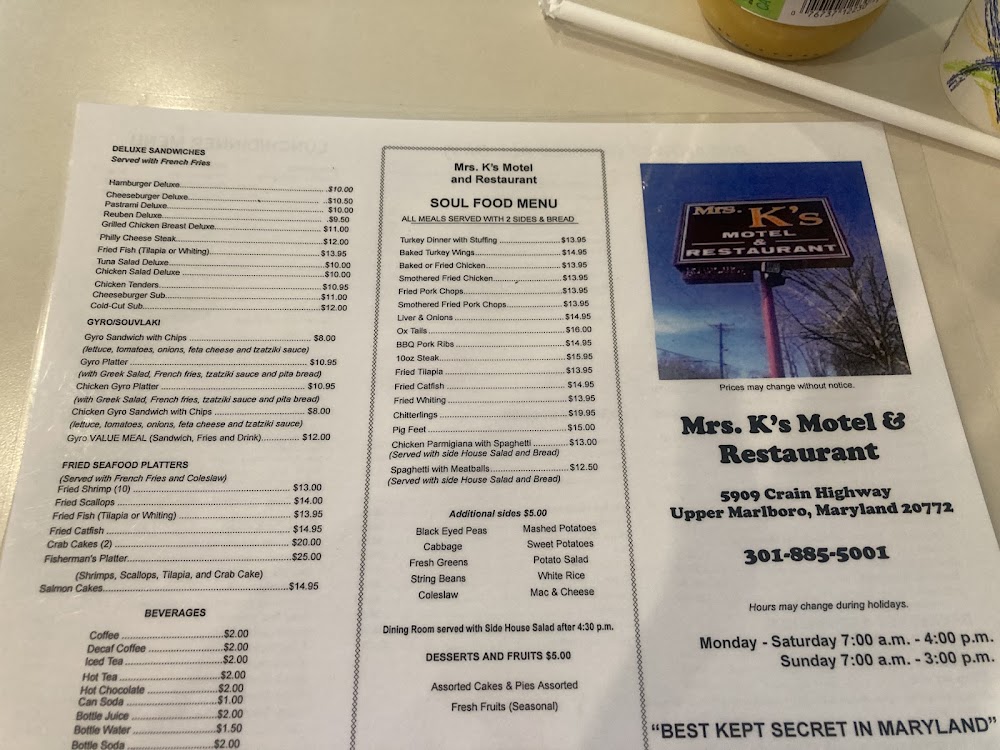 Mrs. K’s Restaurant menu 2