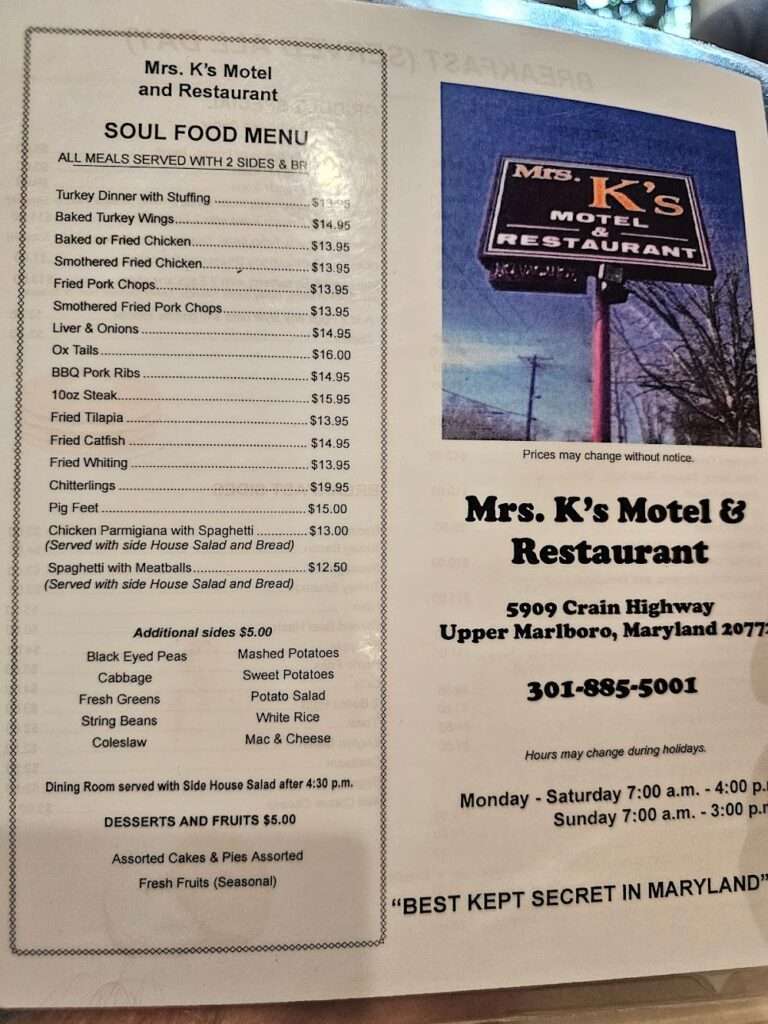 Mrs. K’s Restaurant menu 3